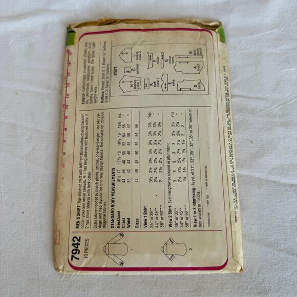 Simplicity 7942 Sewing Pattern Mens Dress Shirt Size 44,46,48,50 c.1977 - Picture 2 of 6